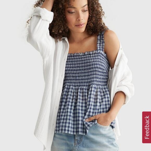 Lucky Brand Top NWT Square Neck Smock Tank Ruffled Straps Blue Gingham Womens L - Picture 4 of 6